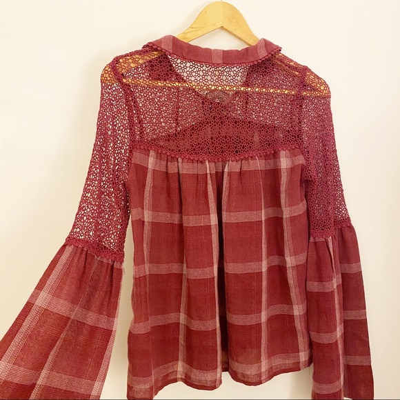 NWT Hazel plaid and lace crochet bell sleeve top - Picture 2 of 4